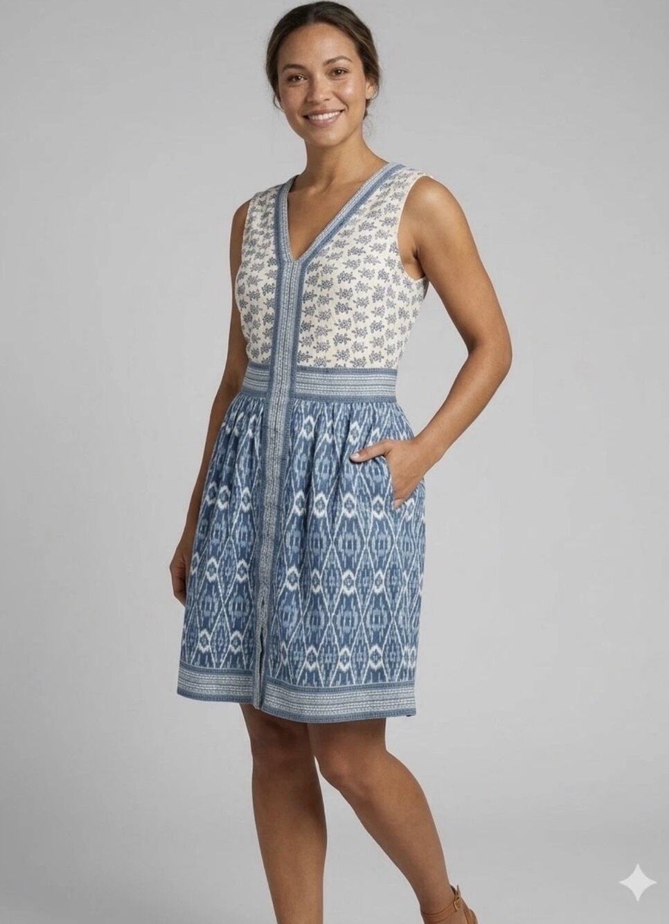 Faherty women’s Macey Linen Mini Dress size S Blue Clara Ikat Print Resortwear